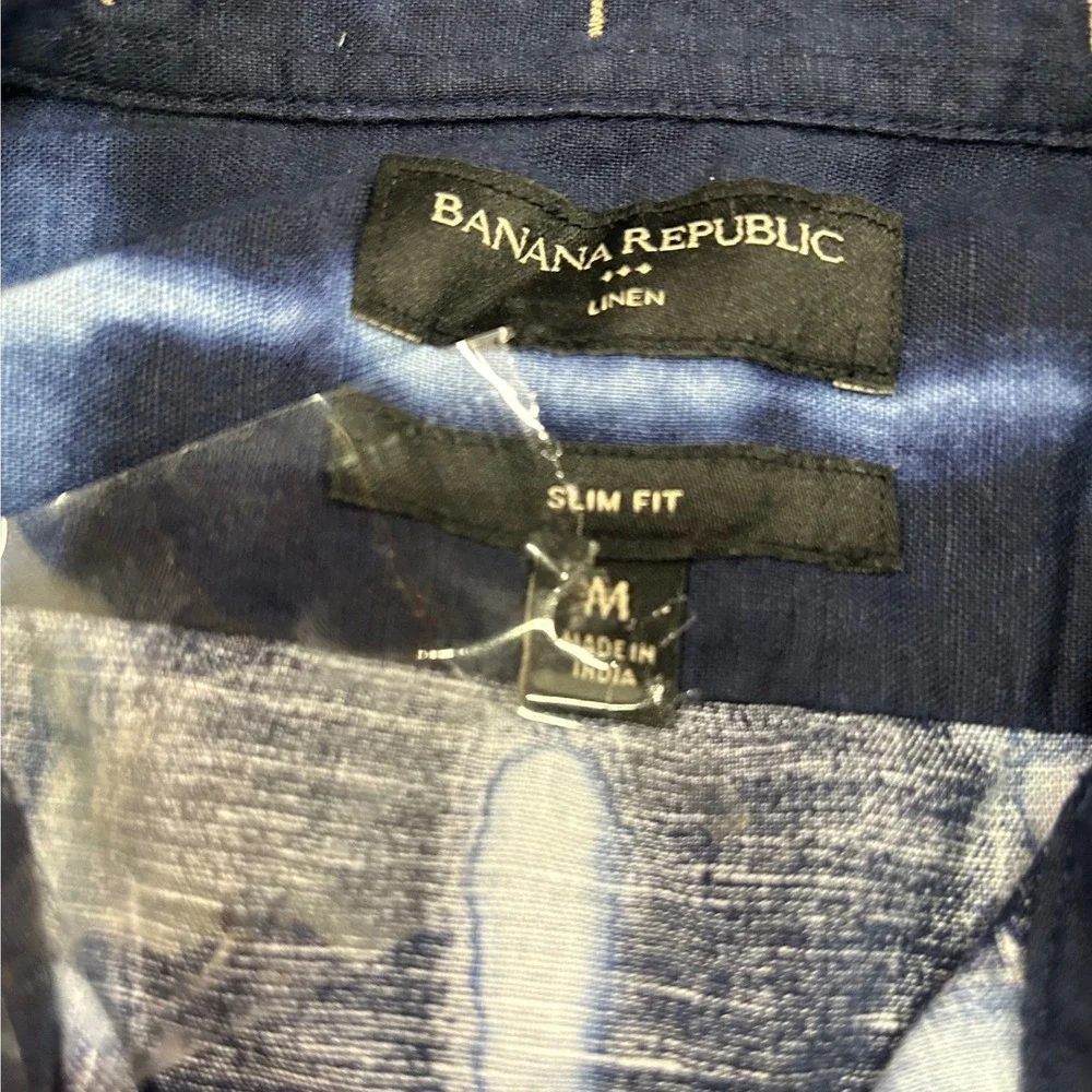 Banana Republic Mens Linen Slim Fit Shibori Tie Dye Short Sleeve Shirt Navy M